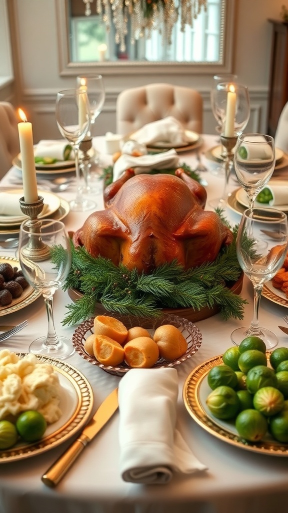 Elegant Old Money Christmas Dinner An elegant Christmas dinner table with a roasted turkey, mashed potatoes, and Brussels sprouts, set for a festive gathering.
